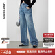 朗姿純棉復(fù)古水洗闊腿褲長褲女春季新款通勤顯瘦藍(lán)色牛仔褲 霧霾藍(lán)色 S