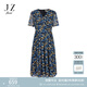 玖姿（JUZUI）優(yōu)雅通勤風(fēng)印花紗羅收腰連衣裙女2025夏季新款JLFX50044 花丈青 3XL