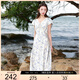 三彩大碼女裝2025夏新款蕾絲V領(lǐng)連衣裙短袖收腰復(fù)古提花印花胖MM