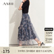 AMII2025夏法式摩登復(fù)古油畫玫瑰印花網(wǎng)紗裙半身裙女A字裙12452074 灰藍(lán) 155/64A/S