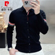 皮爾卡丹（pierre cardin）秋冬季時(shí)尚簡(jiǎn)約百搭條紋織帶長(cháng)袖t恤男士修身帥氣上衣打底衫新品 黑色 2XL 150-170斤