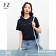 玖姿（JUZUI）簡(jiǎn)約刺繡字母圓領(lǐng)T恤女2025夏季新款JTFX83201 丈青 XL