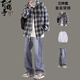 百鵲亭（BAIQUETING）秋冬季格子襯衫男套裝潮流痞帥穿搭襯衣休閑外套三件套搭配牛仔褲 襯衫藍+長(cháng)白T+牛仔褲藍【三件套】 XL