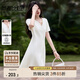 尚都比拉圓型V領(lǐng)白色短袖連衣裙女夏季小個子修身顯瘦A字裙立裁中短裙