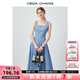 VEGA CHANG吊帶連衣裙女2025年新款夏季法式方領(lǐng)顯瘦高級感氣質(zhì)格紋拼接長裙 藍白格子 M