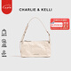 CHARLIE&KELLI CK品牌包包女包褶皺蠟皮單肩腋下小方包女士2025新款手提斜挎包 米白色【京倉配送 品牌禮袋】