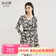 水云間黑色印花收腰連衣裙女裝新款2025春秋氣質(zhì)茶歇雪紡輕奢V領(lǐng)A字裙 黑花 M