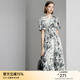 顏域水墨印花垂墜感連衣裙女裝2024新款夏季收腰顯瘦短袖圓領(lǐng)裙子 黑白花 M/38