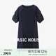 Basic House/百家好拼接褶皺連衣裙夏季薄款燈籠袖中長(cháng)款直筒裙子 藍 XL