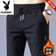花花公子官方秋冬休閑褲子男運動(dòng)加厚大碼寬松直筒松緊腰彈力衛褲男款 黑色 加絨 XL (110-125斤)