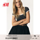 H&M女裝T恤2025秋季新款低圓領(lǐng)蕾絲飾邊修身短袖短款上衣1296486 黑色/花卉 S 160/88