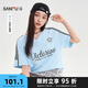 三福短T恤2025夏季條紋蕾絲袖V領(lǐng)寬松短袖上衣女裝503596 粉藍(lán)色 S