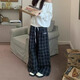 爾山集美式格子闊腿褲女春秋2025年新款慵懶風(fēng)寬松休閑直筒褲子垂感拖地 M