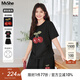 MsShe【重工刺繡巨顯瘦套裝】大碼女裝2025夏季胖mmT恤短褲兩件套 黑色現貨 3XL