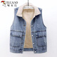 啄木鳥(niǎo)羊羔絨牛仔棉衣馬甲女2025年秋冬加絨加厚短款無(wú)袖保暖棉背心上衣 440#藍色+絨馬甲薄 輕薄 3XL