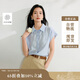 茵曼涼感亞麻法式系帶襯衫夏季女裝寬松蝙蝠袖襯衣上衣 淺藍(lán)色  XL