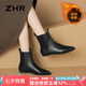 ZHR頭層牛皮女靴加絨保暖短靴女冬季百搭切爾西靴子女 S372B 黑色 39