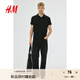 H&M男裝Polo衫秋季薄款正肩商務(wù)通勤風(fēng)翻領(lǐng)時尚短袖上衣0956343 黑色 L 175/108
