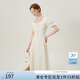 范思藍(lán)恩法式方領(lǐng)連衣裙女夏裝新款設(shè)計(jì)感飄逸立體花朵高腰A字裙 杏色 M