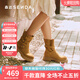 森達西部靴女2025冬新戶外機車風皮帶扣厚底中筒靴ZTI22DZ5 棕色 35