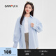 三福長(cháng)襯衫2025夏季袖子抽繩休閑寬松條紋翻領(lǐng)上衣女裝499634 藍白條 M