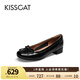KISSCAT接吻貓船鞋復(fù)古法式平底鞋溫柔蝴蝶結(jié)女士單鞋KA54518-10 黑色 皺紋牛漆皮 36