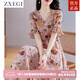 ZXEGI收腰顯瘦100%桑蠶絲真絲連衣裙夏季新款時(shí)尚印花韓版高端A字裙女 粉色 2XL （116-125斤）