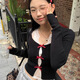 沐霓純欲套裝蝴蝶結(jié)長袖針織衫女秋白色蕾絲背心上衣兩件套 【黑色開衫+蕾絲內(nèi)搭】兩件套 L