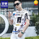 羅蒙（ROMON）高端T恤男士2024歐洲站短袖男時(shí)尚印花圓領(lǐng)潮牌花色半袖衫 白色冰絲 M 90-115斤