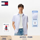 TOMMY JEANS【棉麻混紡】25新款夏季男裝休閑細條紋短袖襯衫外套20894 淺藍白條紋0A8 M