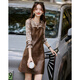 尚靜吊帶裙套裝女2025秋新款木耳邊圓領(lǐng)短袖T恤上衣A字裙皮裙兩件套裝 咖色 M