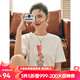 Olrain歐芮兒法式正肩短袖T恤女夏季寬松釘珠印花設(shè)計感體恤上衣 米白色 L