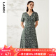 藍地（LANDI）夏季新款豆沙綠法式碎花中長(cháng)款連衣裙女短袖長(cháng)裙 豆沙綠 L