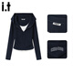 :CHOCOOLATE  it女裝潮牌拉鏈連帽假兩件長(cháng)袖t恤女秋冬新款收腰修身短款上衣 藏青色 M