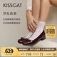 KISSCAT接吻貓船鞋復(fù)古法式平底鞋溫柔蝴蝶結(jié)女士單鞋KA54518-10 酒紅色 牛漆皮 37