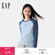 GAP女裝2025春季新款刺繡logo撞色插肩長(cháng)袖T恤彈力休閑上衣730213