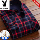 花花公子純棉長(cháng)袖襯衫男秋冬季格子加厚保暖休閑襯衣男裝中青年爸爸裝 HB684 加絨 2XL 適合140斤一159斤