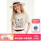 ELLE KIDS童裝 輕薄竹節(jié)棉印花T恤女兒童夏季新款寬肩圓領(lǐng)撞色上衣 米黃色 150