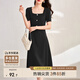 尚都比拉短袖連衣裙女夏季復古赫本風(fēng)氣質(zhì)通勤裙子中長(cháng)款A字裙 雅黑色 L
