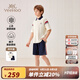 英氏（YEEHOO）男童套裝兒童短袖短褲兩件套衣服夏季運動(dòng)學(xué)院風(fēng)夏裝新款中大童裝 法式學(xué)院 米白+深藍 165