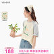 飛鳥和新酒設(shè)計(jì)感插肩袖純棉T恤女2025夏季新款短款休閑圓領(lǐng)上衣 拼色淡黃HQF01 L