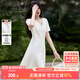 尚都比拉圓型V領(lǐng)白色短袖連衣裙女夏季小個(gè)子修身顯瘦A字裙立裁中短裙