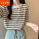 紅蜻蜓華夫格條紋短袖T恤女夏季2025年新款女裝刺繡寬松圓領(lǐng)女士上衣 杏色 M