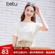 百圖betu女裝夏季新款T恤圓領(lǐng)泡泡袖小鏤空設計短袖上衣女2404T14 米白 M