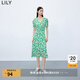 LILY【專柜甄選】秋新款女裝含真絲復(fù)古印花泡泡袖垂感連衣裙 309翠綠 M