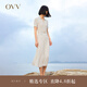 OVV2023春夏新款女裝復(fù)古優(yōu)雅翻領(lǐng)短袖休閑彈力針織連衣裙 米杏條紋14 M