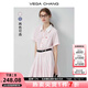 VEGA CHANG短袖連衣裙女2025新款夏學(xué)院風(fēng)翻領(lǐng)條紋高腰顯瘦小個(gè)子襯衫裙 櫻花粉 L