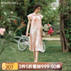 Olrain【七夕】歐芮兒粉色連衣裙女夏季新款浪漫溫柔風(fēng)印花長裙 粉色 L