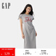 GAP女裝2025夏季新款棉質(zhì)印花logo收腰抽褶開(kāi)叉短袖連衣裙764855