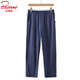 北極絨純棉家居褲長(cháng)褲寬松男士高腰中年全棉薄夏睡褲吸汗透氣七分休閑褲 藏青格長(cháng)褲 3XL （建議135-155斤）